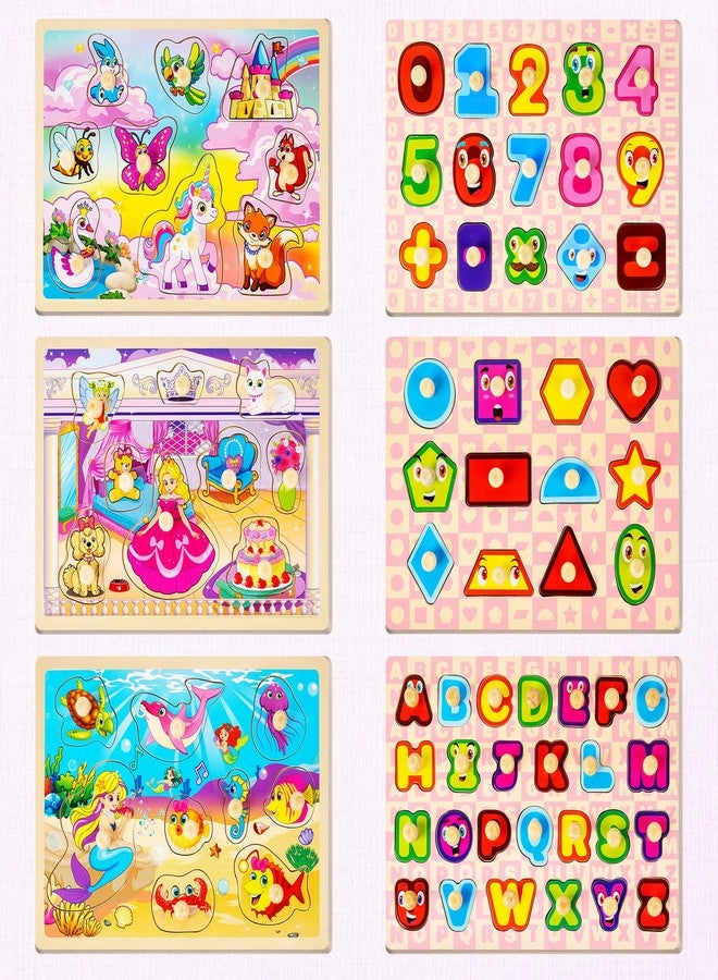 SYNARRY Wooden Puzzles for Toddlers 1-3, 6XSET Toddlers Puzzles Ages 1-3 with Rack, Learning Alphabet Number Shape Unicorn Princess, Toddler Valentines Day Easter Basket Stuffers Gifts Toys for Girls - Image 2